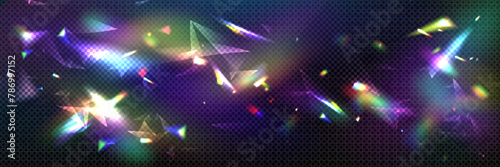 Diamond light and rainbow prism flare glass effect. Crystal shine and glow with abstract iridescent spectrum overlay. 3d glitter spark filter with neon refraction and optical hologram from jewelry