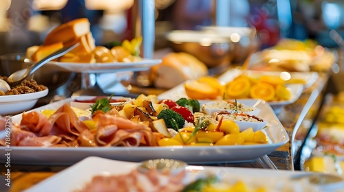 Variety of food on plate during buffet breakfast at hotel restaurant.