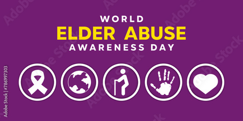 World Elder Abuse Awareness Day. Ribbon,earth, people, hand and heart. Great for cards, banners, posters, social media and more. Purple background.
