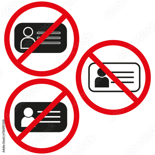 Prohibited ID cards set. No personal identification symbols. Restricted access badges. Vector illustration. EPS 10.