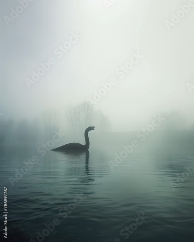 A serene image capturing the tranquil silhouette of a swan on a foggy waterbody, encapsulating a blend of nature's simplicity and mystery © Matthew