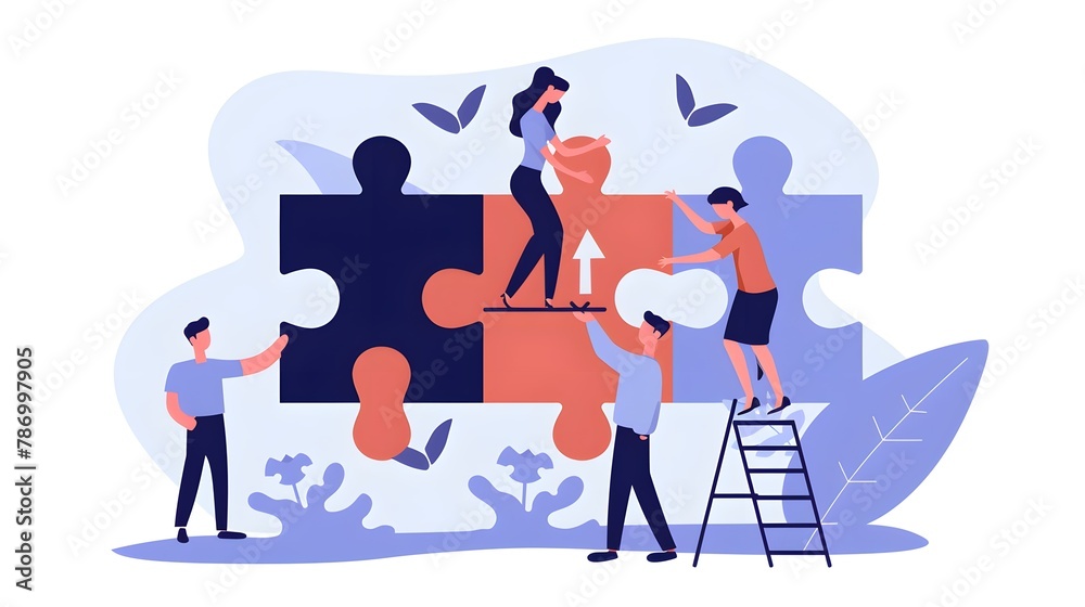 Teamwork, startup character flat vector illustration business concept with giant puzzle. Teamwork partnership metaphor. Team building training, project management, group motivation, brainstorming 