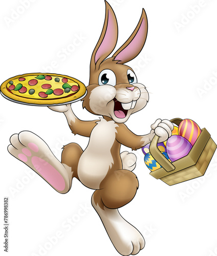 An Easter bunny rabbit cartoon character serving or delivering pizza from a food restaurant, possibly the chef photo