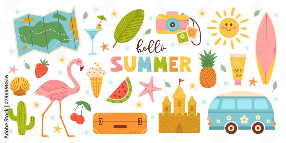 Naklejka premium Set cute summer beach elements. Vacation accessories for sea holidays. Cartoon vector illustration