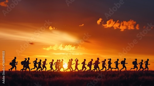 silhouette of a lot of people running marathon in sunset on the way photo