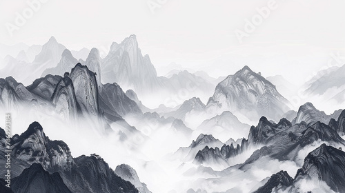 Immerse yourself in the elegance of traditional Chinese ink landscape art recreated by Generative AI, depicting misty mountains and winding rivers in a delicate dance of brush strokes and ink washes. photo