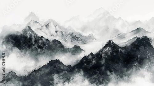 Immerse yourself in the elegance of traditional Chinese ink landscape art recreated by Generative AI, depicting misty mountains and winding rivers in a delicate dance of brush strokes and ink washes. 