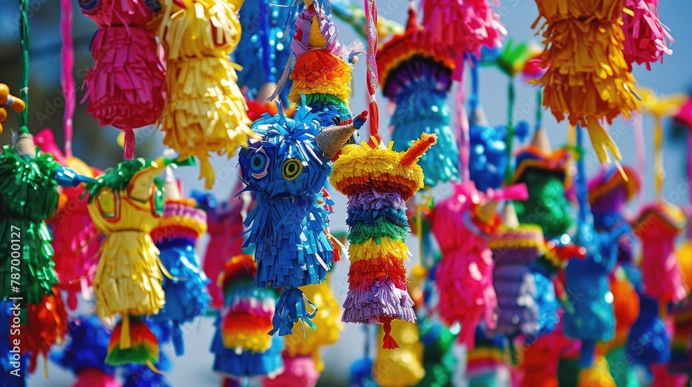 A collage of colorful piñatas hanging at a Hispanic celebration