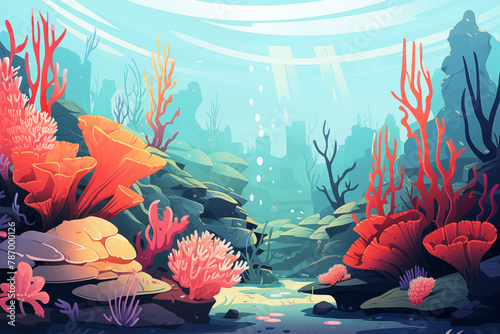 Underwater landscape poster. Oceanic background with seaweed, corals, fish. Ocean sea life modern flat design. Trendy cartoon colorful illustration