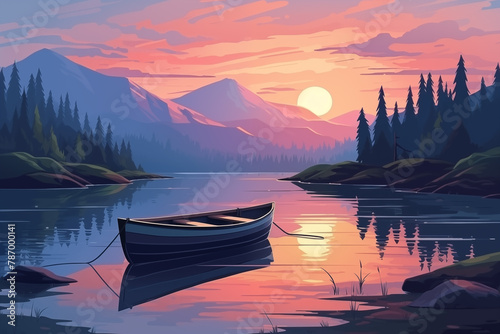 Nature landscape poster. Sunset sunrise in mountains with river bay and pine trees, water surface lake banks with fishing boat. Flat cartoon horizontal background