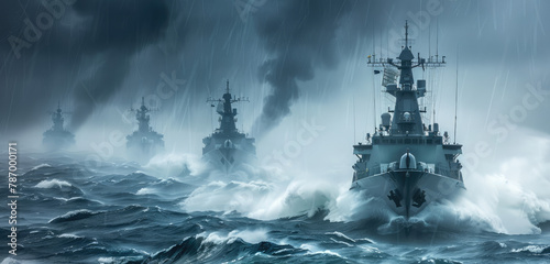 A navy fleet of warships, including the destroyer and frigate in front with a stormy sea background. photo