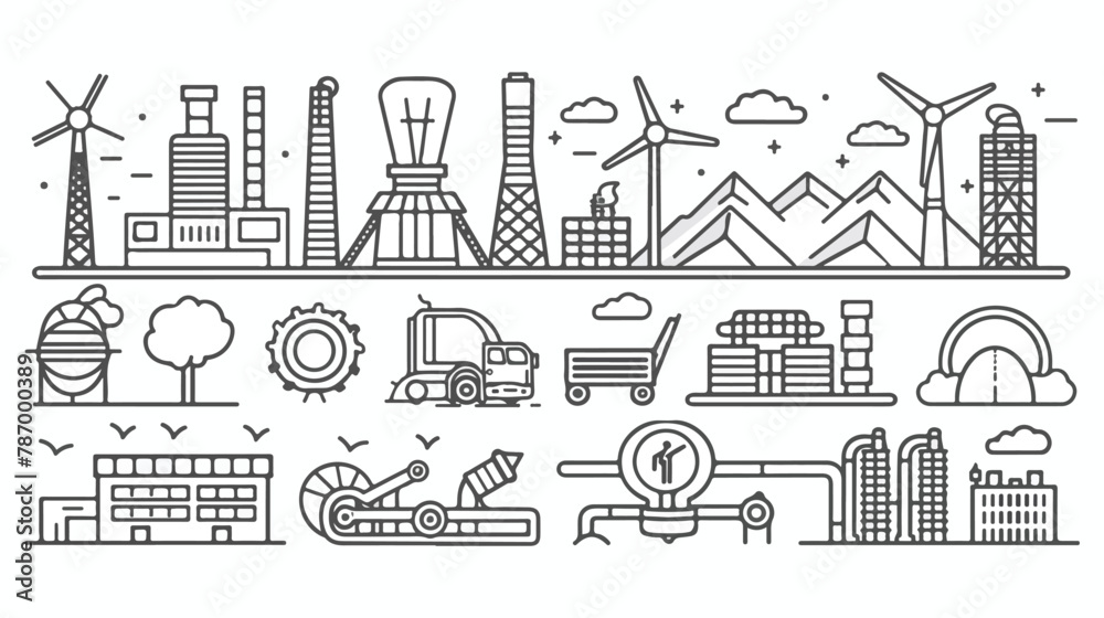 Heavy power industry outline concept symbols. Factory