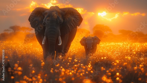 Two elephants in a flowerfilled field at sunset, under a colorful sky