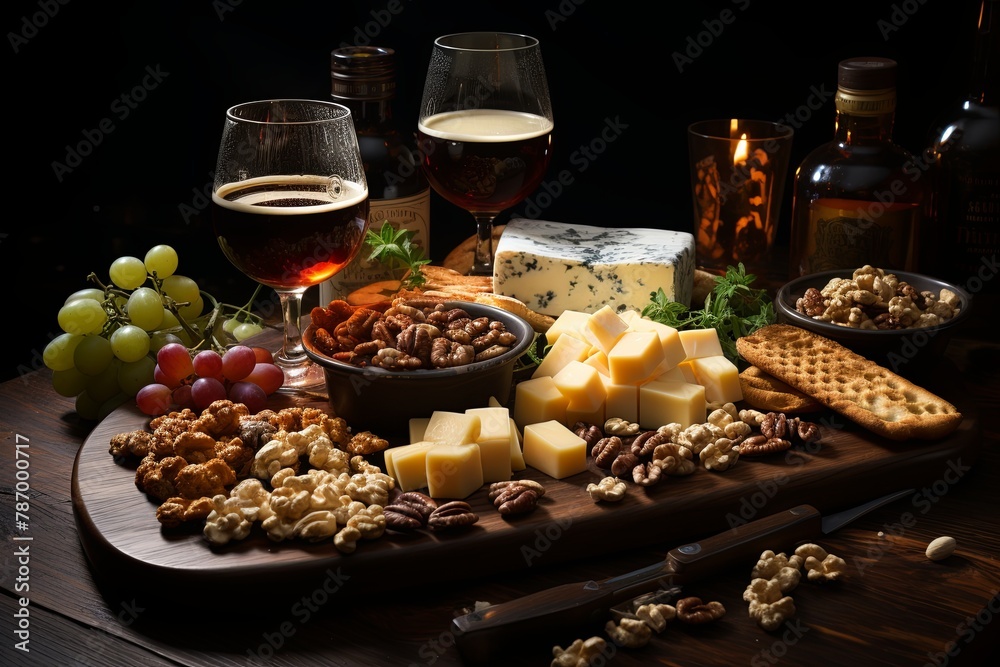 A rustic wooden board hosts an array of delights beer snacks, cheeses, sausages, nuts, shrimp, and popcorn. Perfect for gastronomic photography and pairing with your favorite brews, Generative AI. A rustic wooden board hosts an array of delights beer snacks, cheeses, sausages, nuts, shrimp, and popcorn. Perfect for gastronomic photography and pairing with your favorite brews, Generative AI.