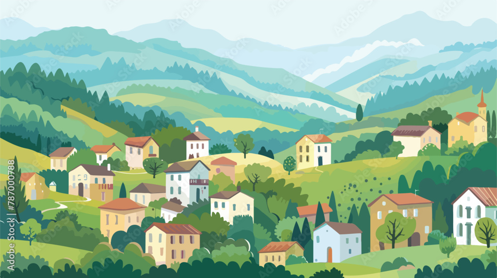 Small town in mountains flat cartoon panoramic landscape