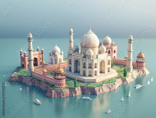 A stylized 3D illustration of the Taj Mahal on an island with boats sailing around. © neatlynatly