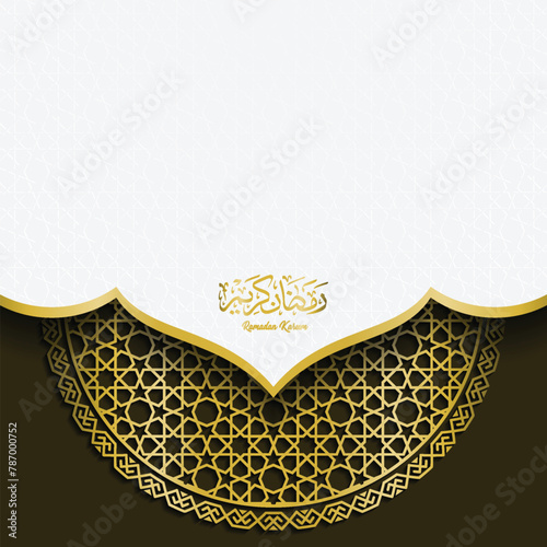 Arabic Islamic Elegant White and Golden Luxury Ornamental Background with Islamic Pattern and Decorative Ornament Frame. Translation Text : Ramadan Kareem.