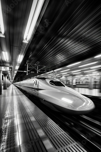 Photorealistic ai artwork of a fast moving train, bullet train or Shinkansen speeding in subway station with motion blur. Black and white. Generative ai.