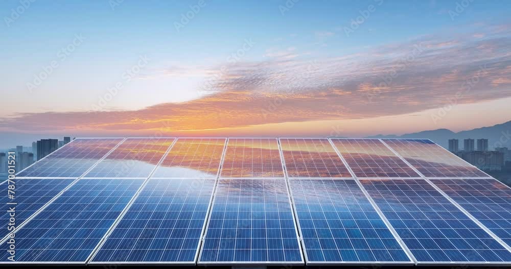 time lapse of the urban rooftop solar power generation distributed photovoltaic panels in sunrise, clean energy landscape with morning glow