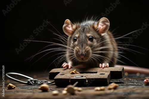 Photorealistic ai artwork of a rat on studio black background standing on a wooden desk or trap. Generative ai.