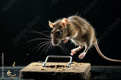 Photorealistic ai artwork of a rat or mouse on studio black background jumping and avoiding a trap. Generative ai.