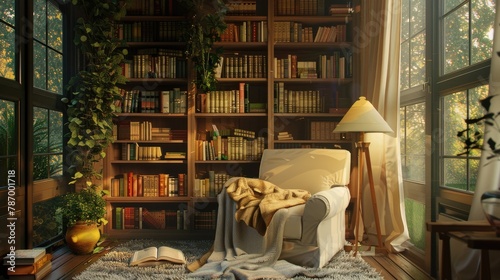 A cozy reading nook with a comfortable chair, soft blanket, and shelves filled with books
