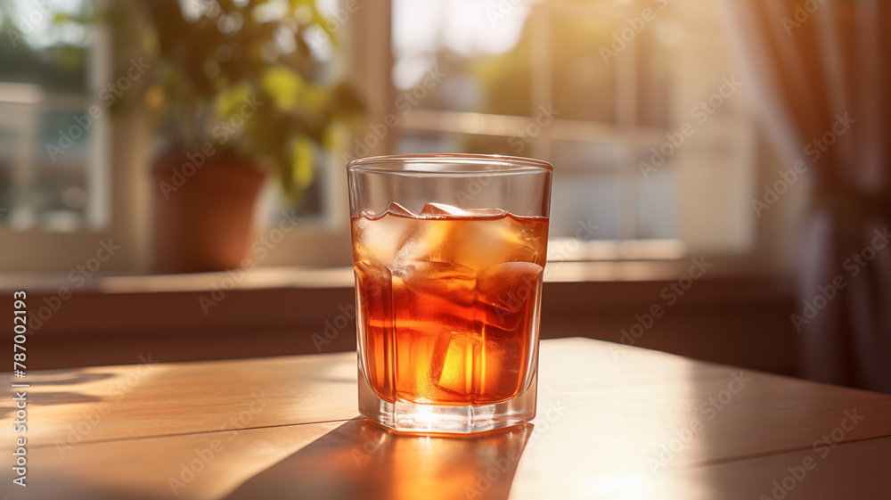 A glass of ice cold lemon black tea on a cozy background
A glass of ice cold lemon black tea on a cozy background