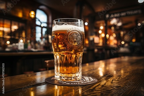 Refreshing glass of beer gleaming on a rustic bar counter. Perfect for pub scenes, beverage concepts, and relaxing atmospheres, Generative AI.