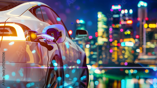 photo of EV charging station for electric car in concept of green energy and eco power produced from sustainable source to supply to charger station in order to reduce CO2 emission, big city blur back