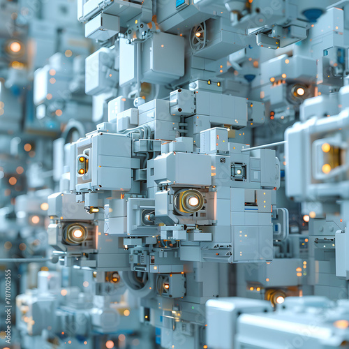 ss lego cubes 3d rendering, in the style of light white and azure, futuristic spacecraft design, simplified structures, , interlocking structures, constructivist inspired, light blue and white photo