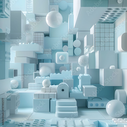 ss lego cubes 3d rendering, in the style of light white and azure, futuristic spacecraft design, simplified structures, , interlocking structures, constructivist inspired, light blue and white photo