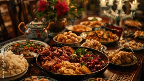 A family reunion dinner with delicious Chinese dishes for the New Year