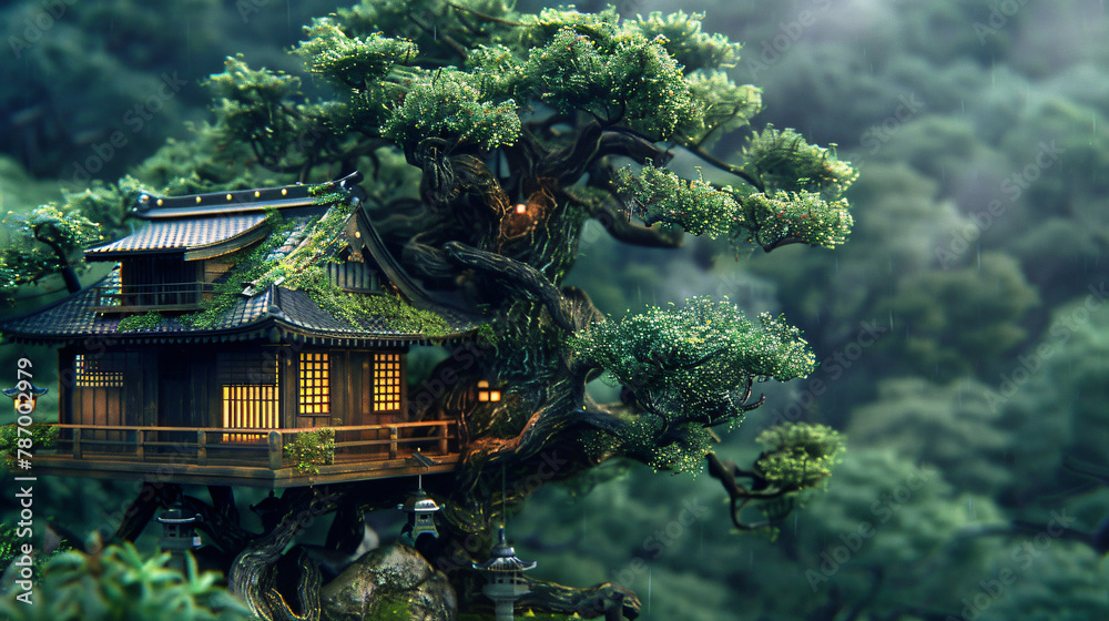 Fototapeta premium Fantasy japanese tree house in a bonsai tree peaceful