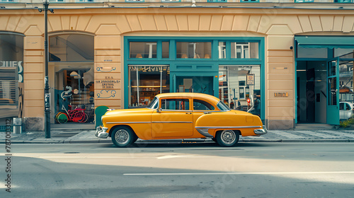 A car photography of a city street scene with a vintage car. The car is vivid yellow tone