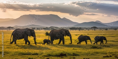 An elephant family journeying across the savanna  the fading sunlight casting long shadows  with distant mountains standing tall against the evening sky.