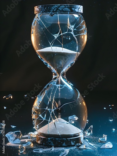 Broken Hourglass Symbolizing Time Lost or Wasted with Dramatic Lighting and Cracked Glass Texture