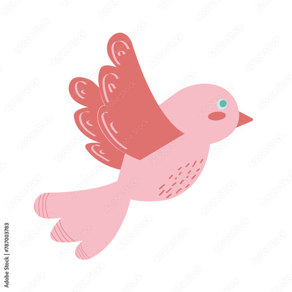 Illustration of little pink bird. Flying bird in flat style. Vector illustration isolated on white background for web design, banner, flyer, invitation, card. Illustration of little pink bird. Flying bird in flat style. Vector illustration isolated on white background for web design, banner, flyer, invitation, card.