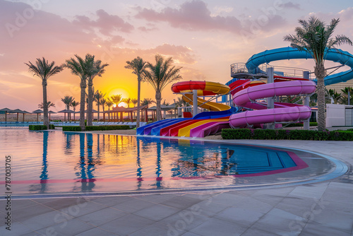 Bright colored aqua park at a tropical summer resort during sunset. Water activities.