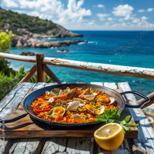 A delicious seafood paella served on a table with a stunning ocean view, capturing the essence of coastal dining