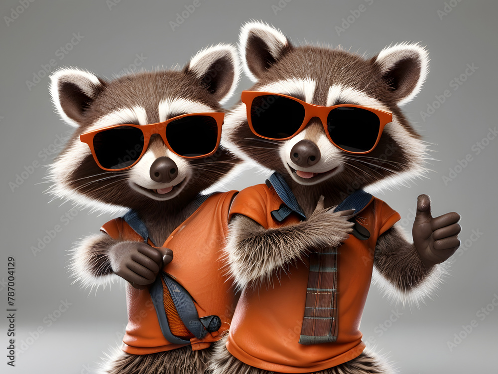 3d  Illustration of a Portrait of a funny raccoons in sunglasses showing a gesture, isolated on a white background