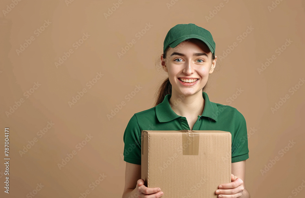 Happy delivery woman in green uniform holding a cardboard box on a beige background. Delivery service. Copy space. Happy delivery woman in green uniform holding a cardboard box on a beige background. Delivery service. Copy space.