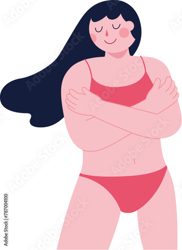 Woman with bikini hug herself happily and enjoy the sunbath