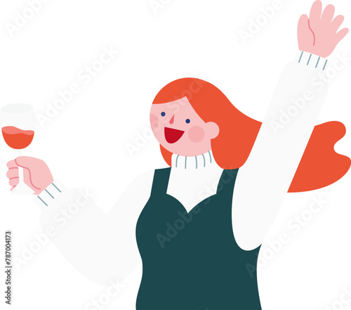 Woman raises a glass of wine and cheers happily