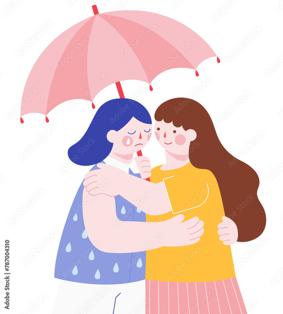 Comforting crying friend under the umbrella Comforting crying friend under the umbrella