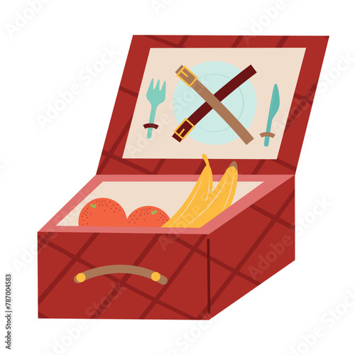 Red picnic basket illustration. Opened food hamper bag with dishes and food. Flat vector illustration isolated on white background for web design, banner, flyer, invitation, card.
