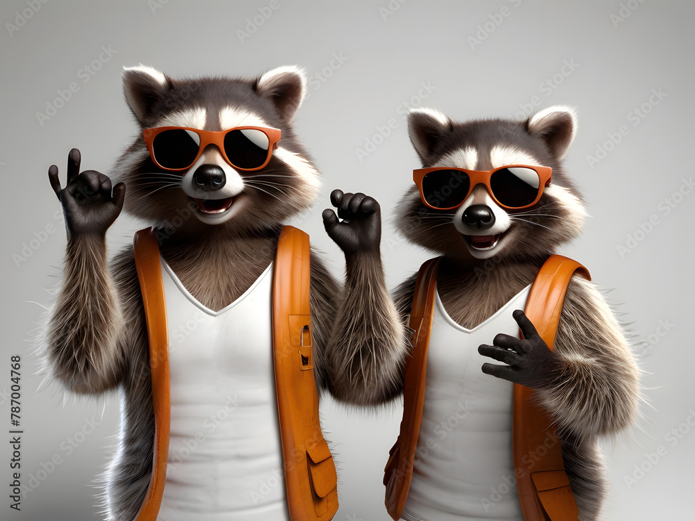 3d  Illustration of a Portrait of a funny raccoons in sunglasses showing a gesture, isolated on a white background