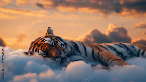 Illustration of a tiger sleeping soundly on a cloud at sunrise