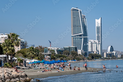 View of Limassol beach and the frontline of buildings and skyscrapers along the promenade park and coast, Limassol, Cyprus photo