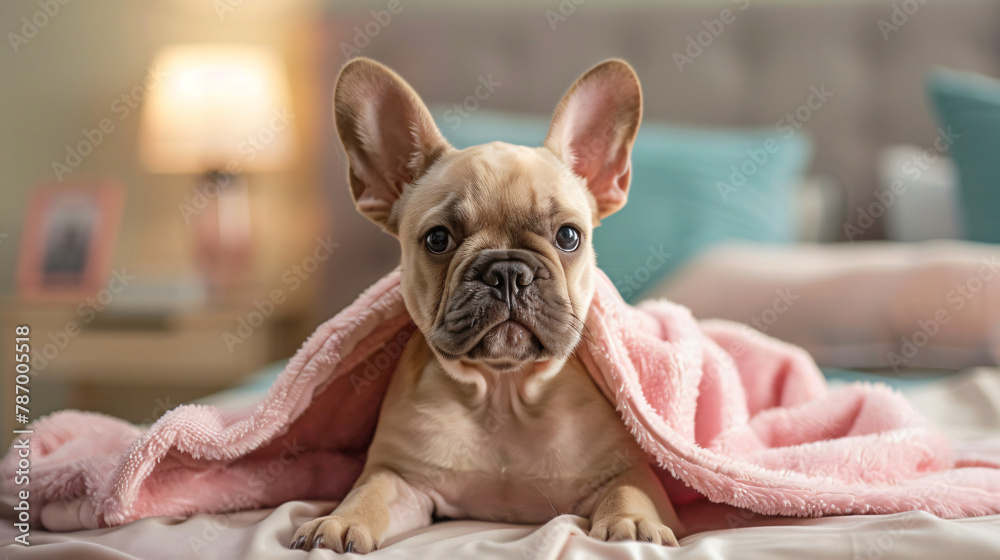 French bulldog puppy in pink bathrobe on the bed