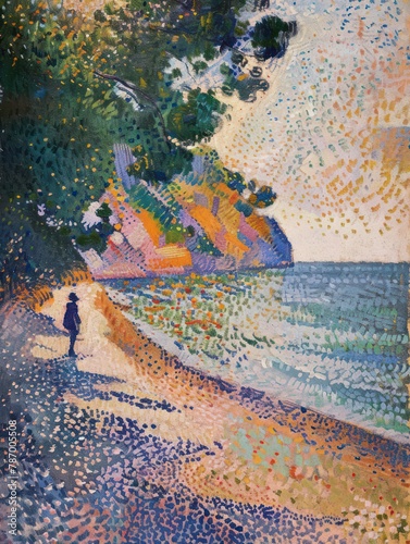 An exquisite impressionist painting showcasing a vibrant seascape with the silhouette of a person walking along the shore, highlighting the interplay of light and color photo